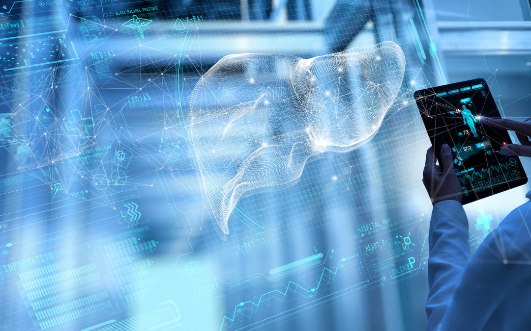 Medical doctor using a digital tablet to apply artificial intelligence and machine learning in a liver diagnosis