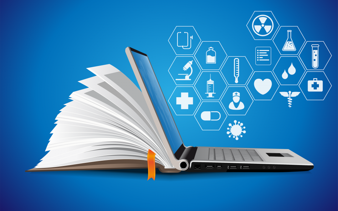 An open book transitioning into an opened laptop with floating symbols that represent healthcare