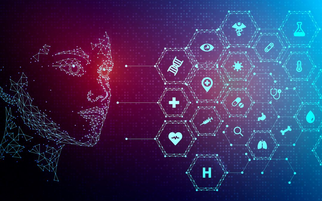 Abstract dots forming a face and multiple healthcare-related symbols to represent AI in healthcare