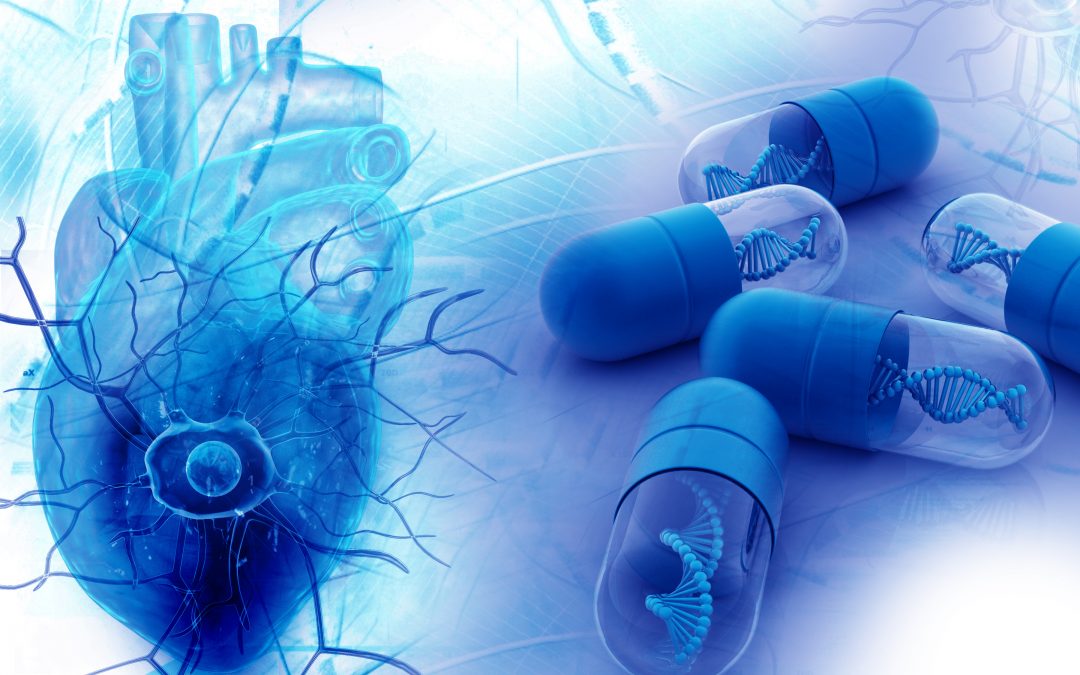 A heart and heart cell on the left and pills with DNA inside on the right