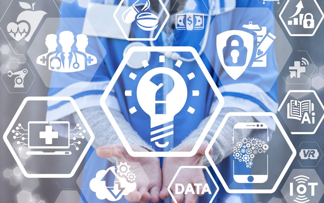 An overlay of symbols representing healthcare, doctors, electronic records, medication, big data, digital devices over a healthcare professional with open hands offering a lightbulb and question mark